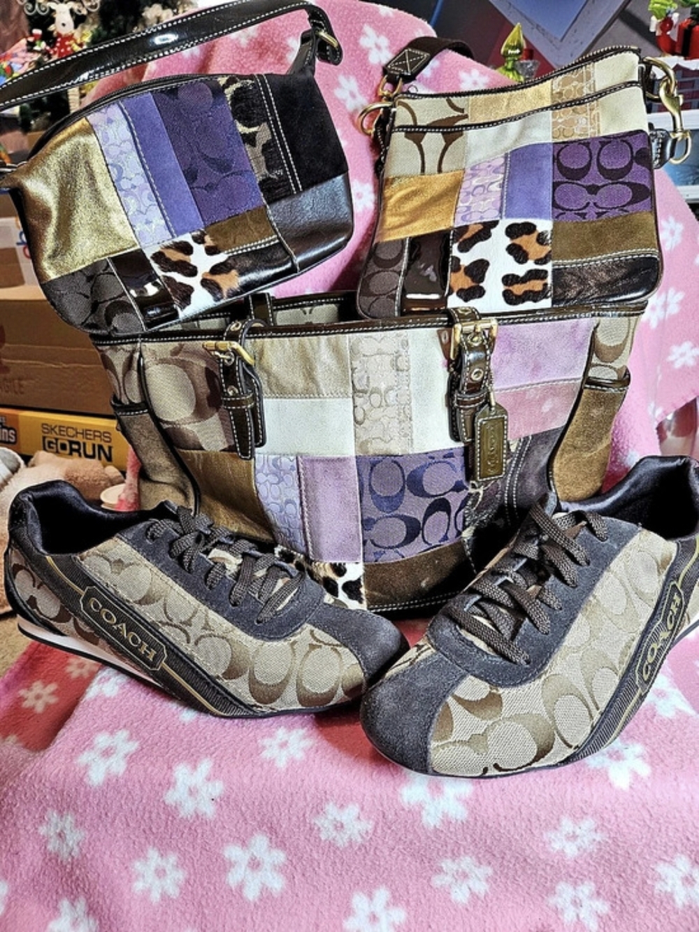 Coach Signature Patchwork Tote Patchwork Tote Bag Set in Brown & Purple